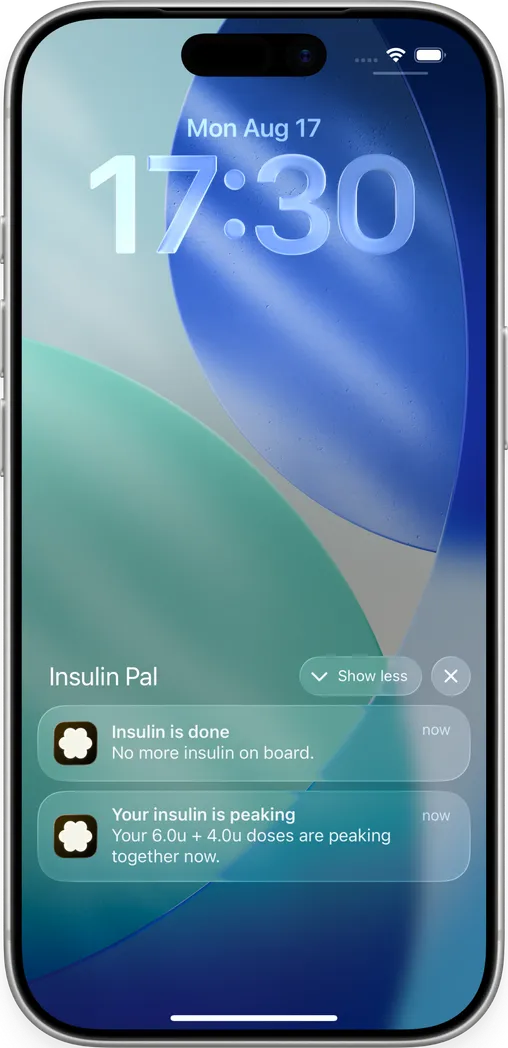 iPhone lock screen with Insulin Pal notifications