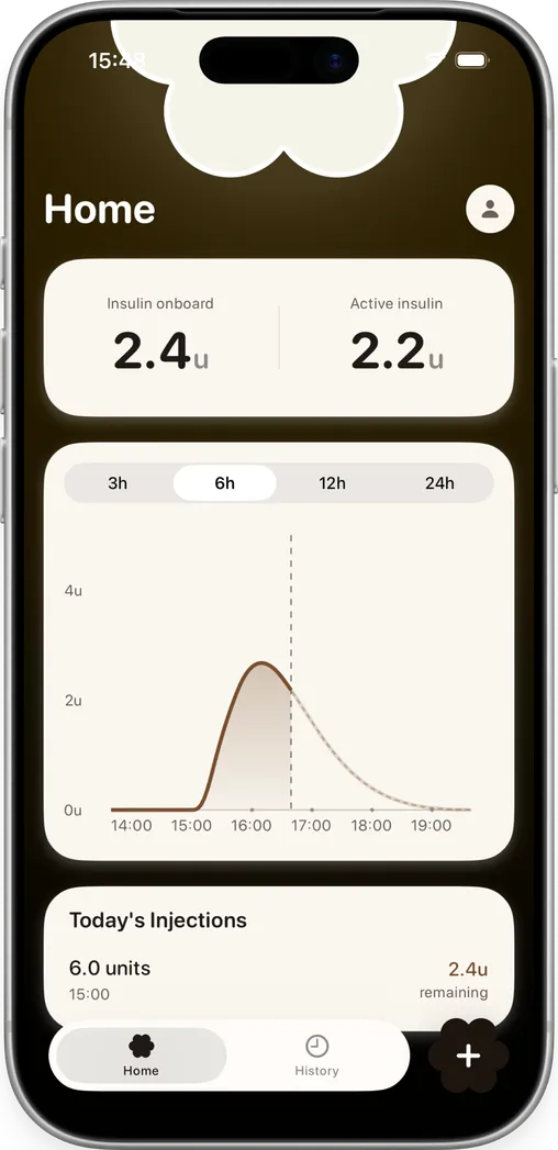 Insulin Pal home screen showing insulin on board and active insulin