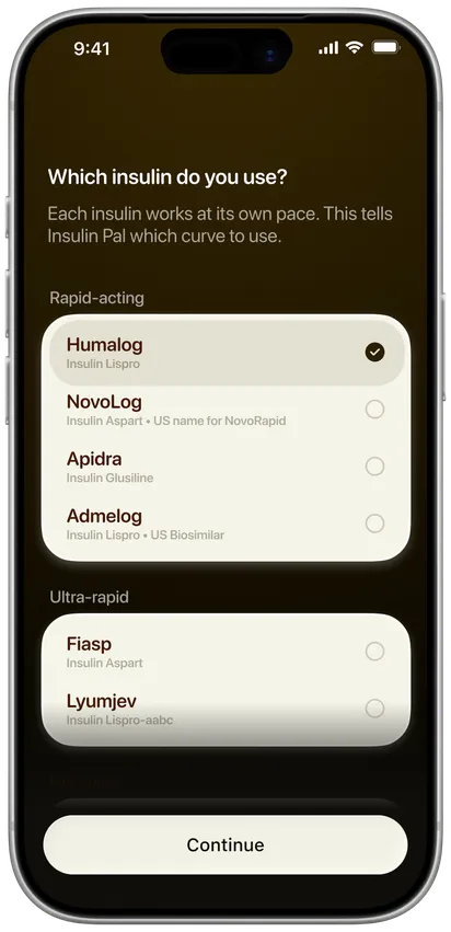 Insulin Pal — step 2: Pick your insulin type