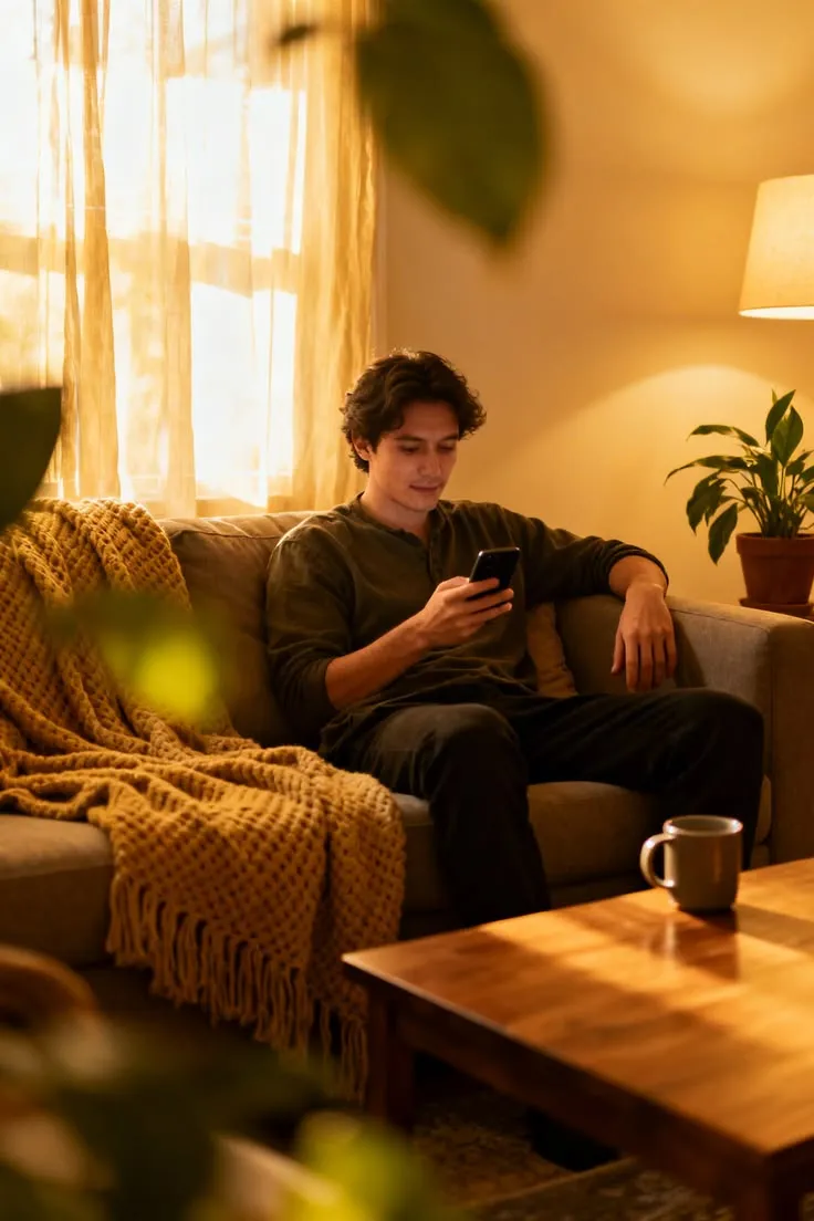A person checking Insulin Pal on the couch in the evening